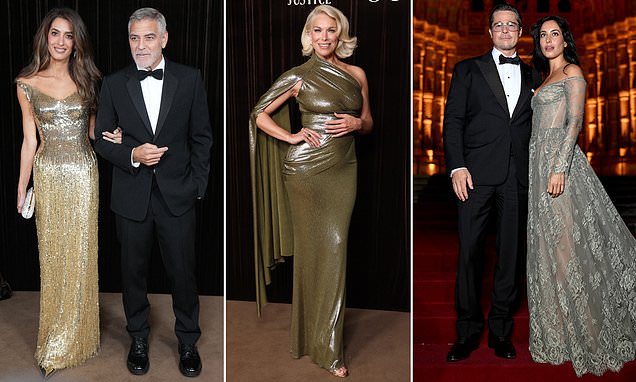 Amal Clooney dazzles in a Gucci gold gown as she hosts The Albies star-studded charity